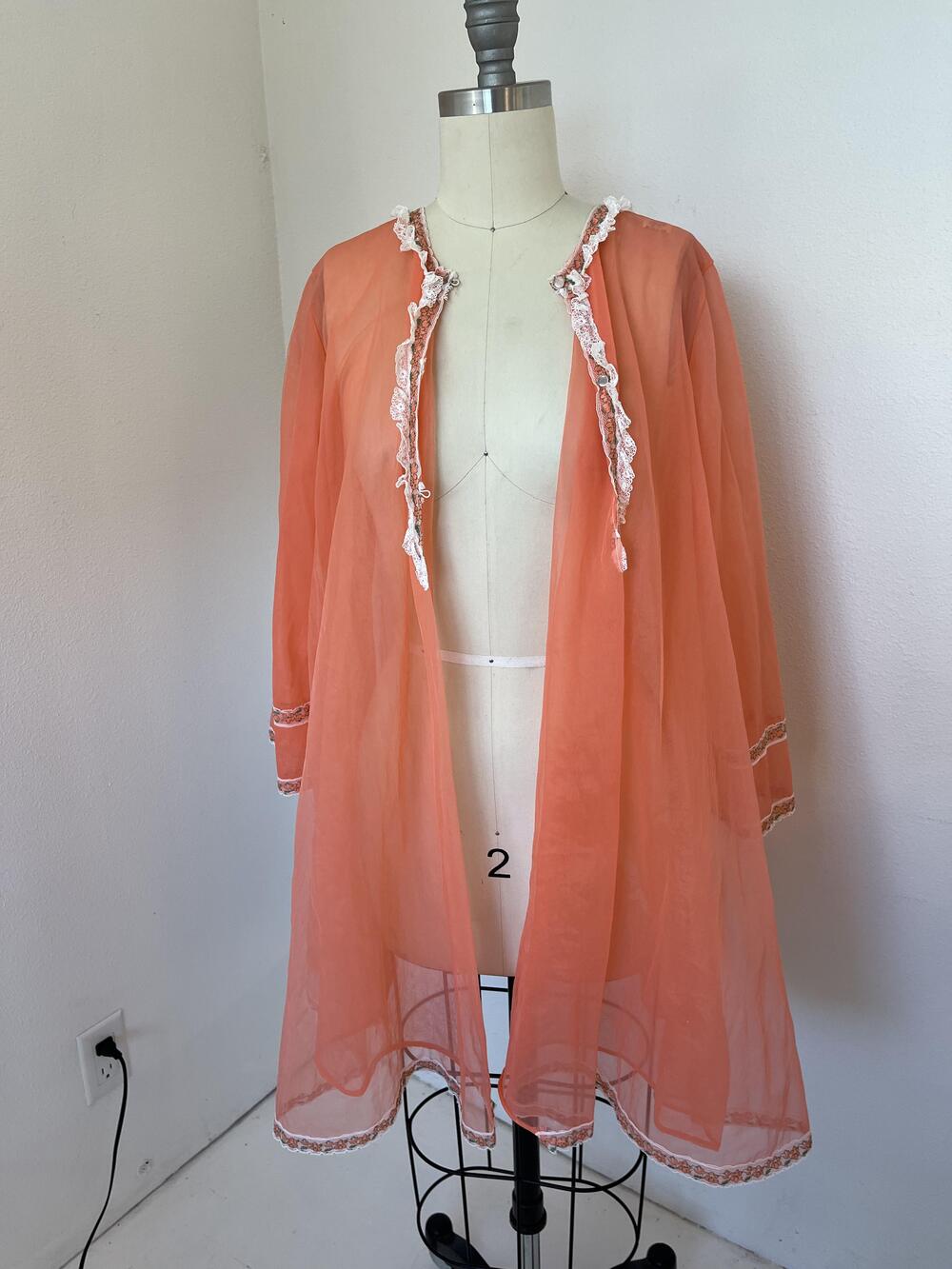 Vintage Peignor Robe Nylon 60s Mod Lisette Orange Sheer Chiffon Lace USA Button